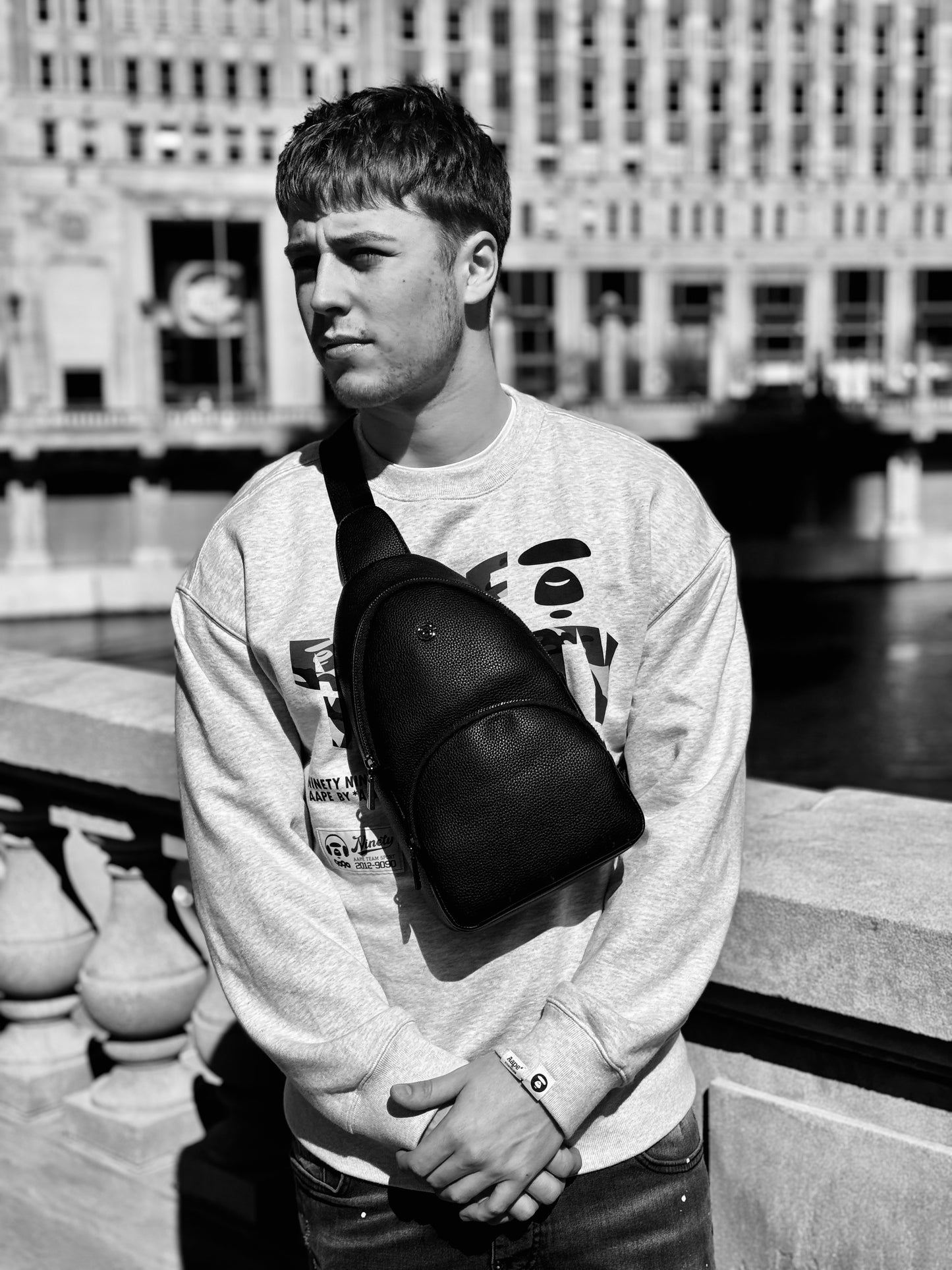 Raine Sling Vegan Leather Bag Mens Bag, Man wearing front